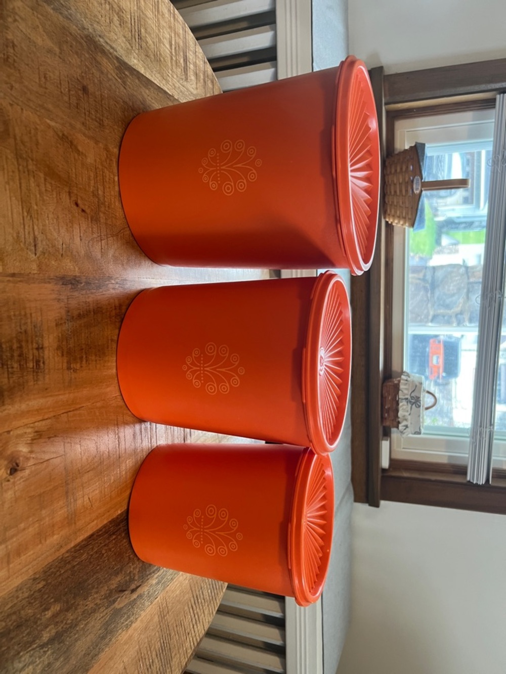 Set of 3 Vintage Tupperware Orange Plastic Storage Canisters with Sunburst Lids